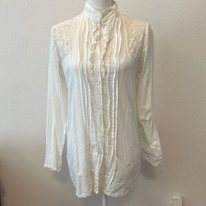 S-M Women's White Ruffled Button-Down Blouse